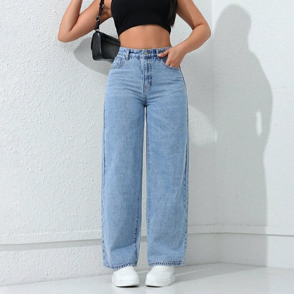 Light Wash Casual Women's Loose Fit Straight-Leg Jeans With Pockets